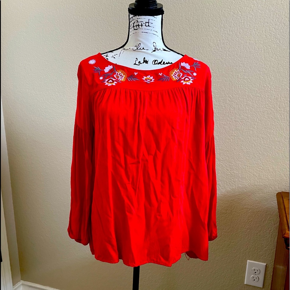 Red and Flower embroidered Blouse Lightly used Like New Size XL